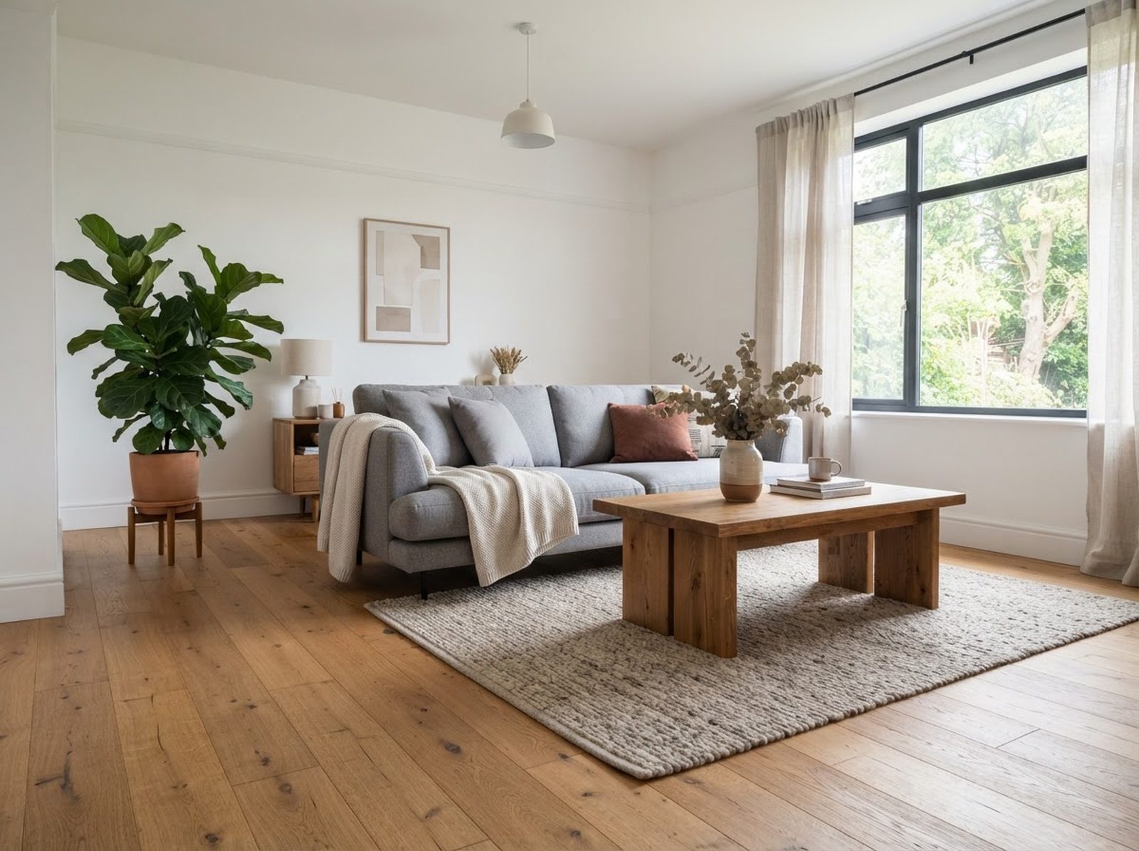 The picture redrawn by a whole-image model. Ask for the same room with an oak floor and the window, the sofa and everything on the table come back different.