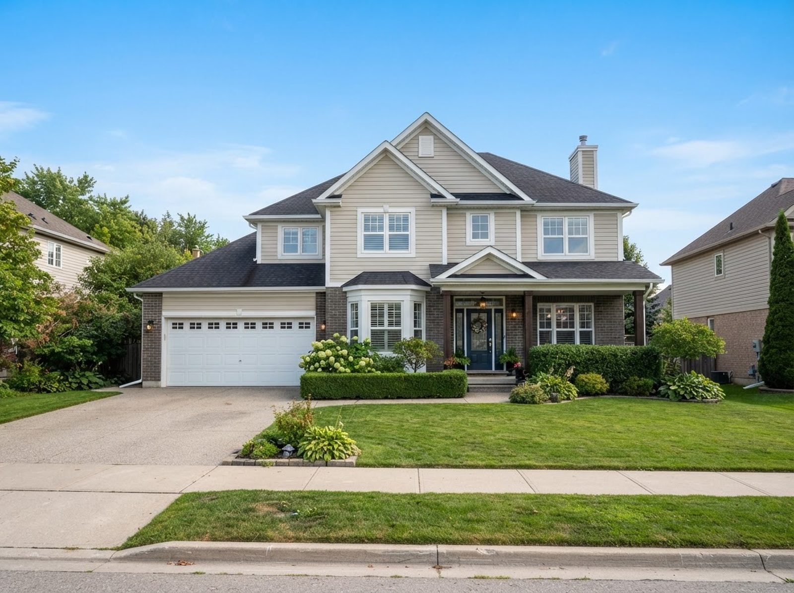 The picture redrawn by a whole-image model. Ask for the same listing under a blue sky and you get a different house on a different street.