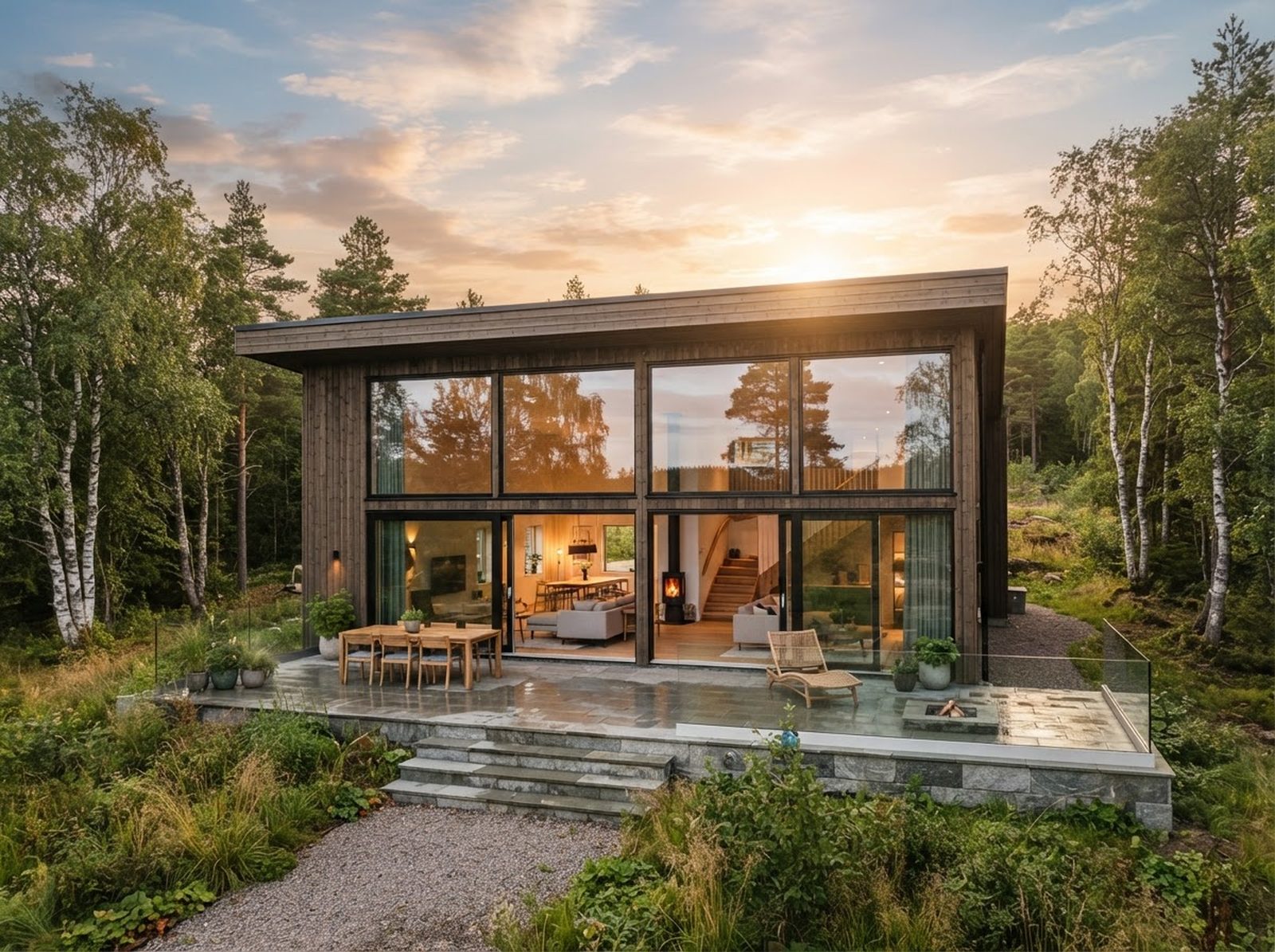 The picture redrawn by a whole-image model. Ask for the same scene with a late afternoon sky and you get a different house, different trees and a different terrace.