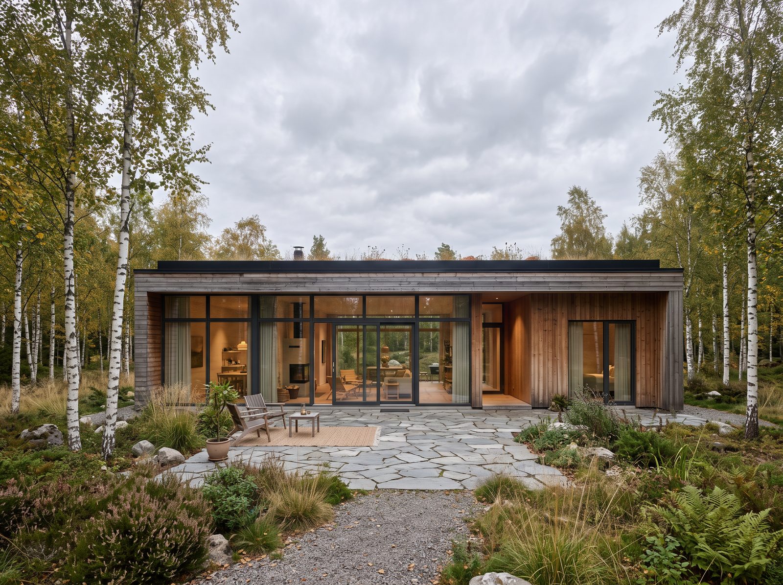 A Nordic timber villa render open in the Tessera editor with the sky selected.